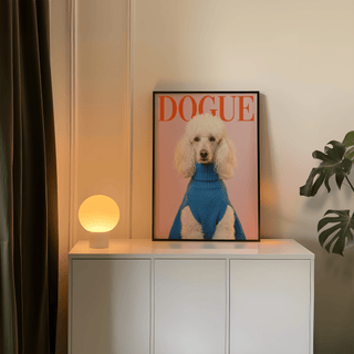 Dogue Poodle Print of a white poodle in a blue sweater on a cabinet with a glowing lamp and a plant