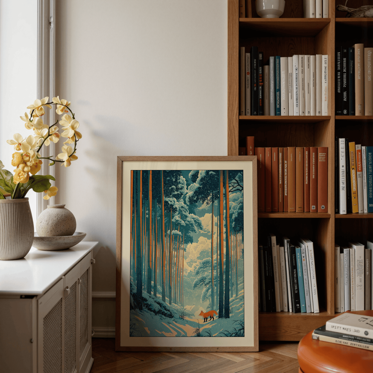 Print leaning on a shelf Japanese Fox Woodblock Print with tall trees and a red fox near a bookcase