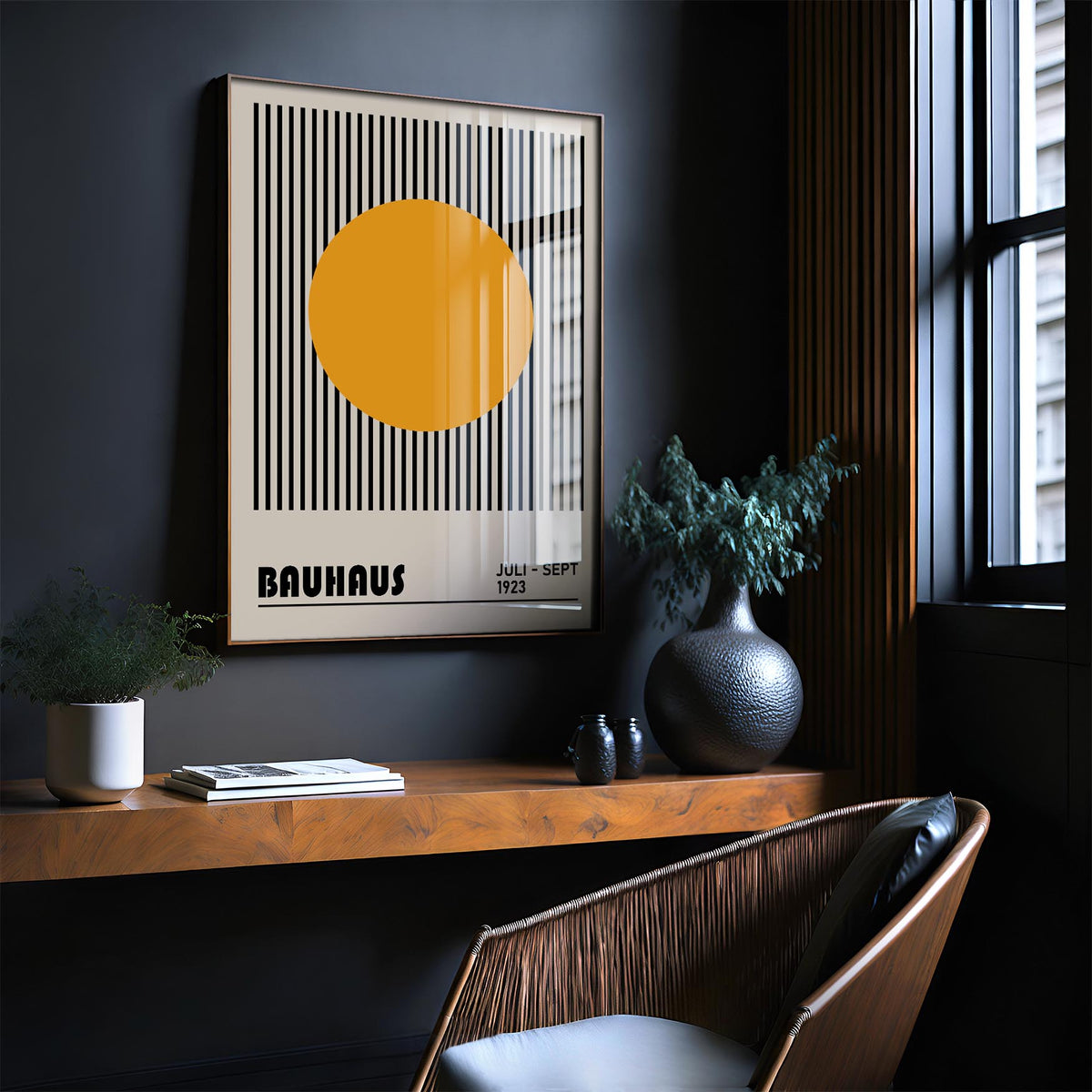 Professional Office Wall Art framed print with orange circle and black stripes above wooden shelf with plants