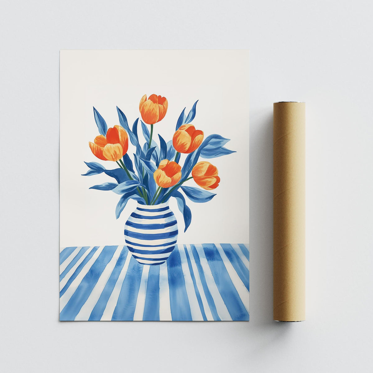 Tulip wall art print with orange tulips in a blue striped vase shown with a packaging tube