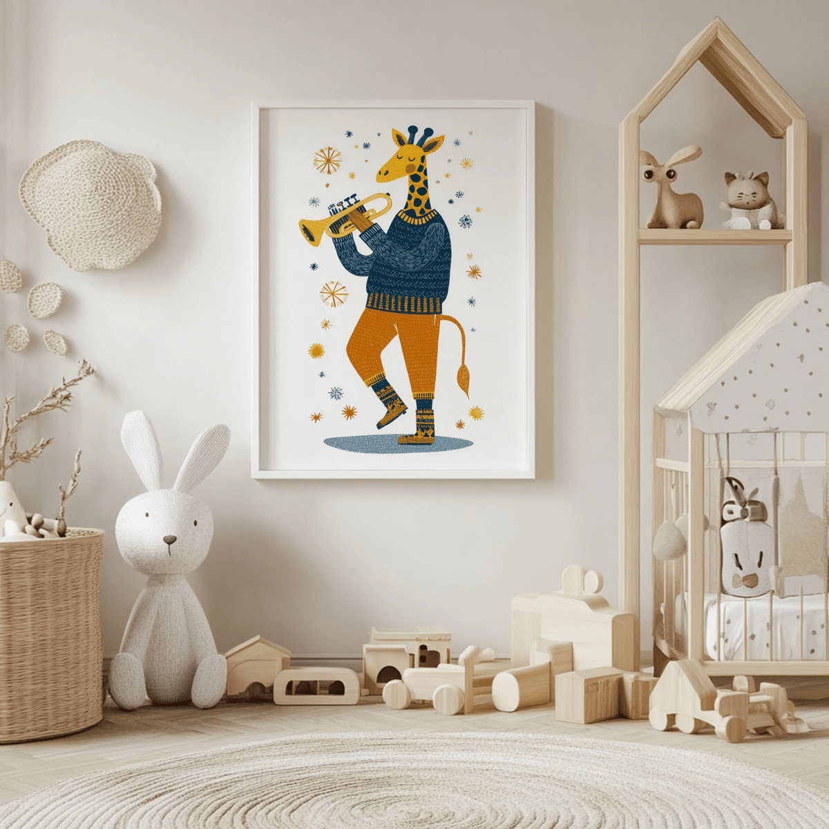 Giraffe Music Art Print in white frame showing an illustrated giraffe playing trumpet in navy and orange in a child's bedroom