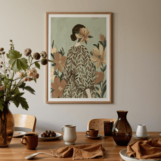 Wall art Woman With Flowers featuring a woman with a floral dress and flower face with muted green and brown colors above a dining table