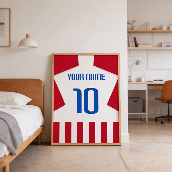 Football Shirt Poster in Red and White Stripes with Blue Number leaning on the floor next to a bed