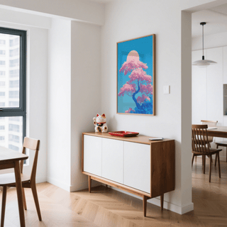 Japanese Cherry Blossom Print wall art with pink and blue for stylish hallway
