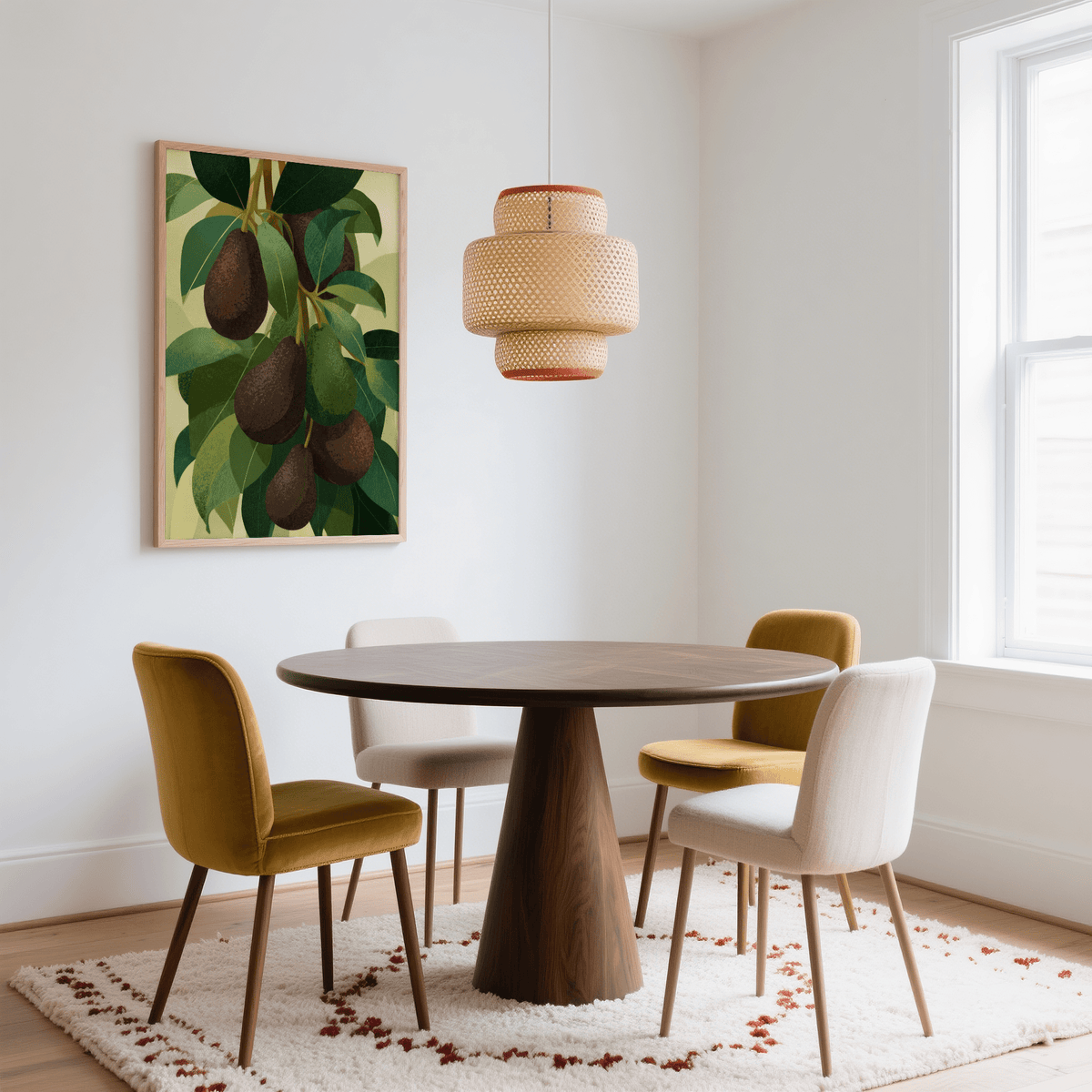 Avocado wall art of hanging avocados with green leaves above a round wooden dining table