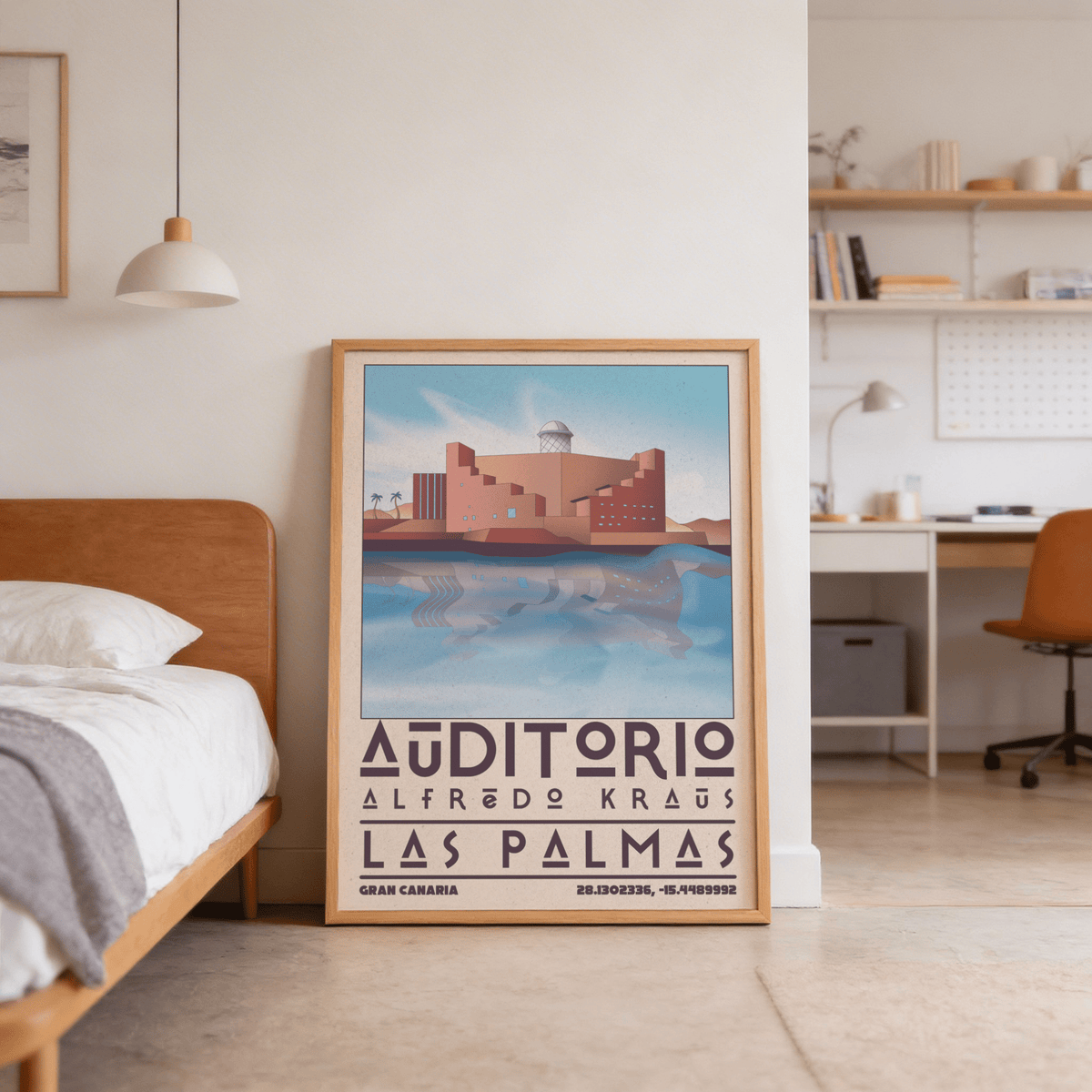 Art Las Palmas framed print of Alfredo Kraus Auditorium in pastel colours leaning beside a bed