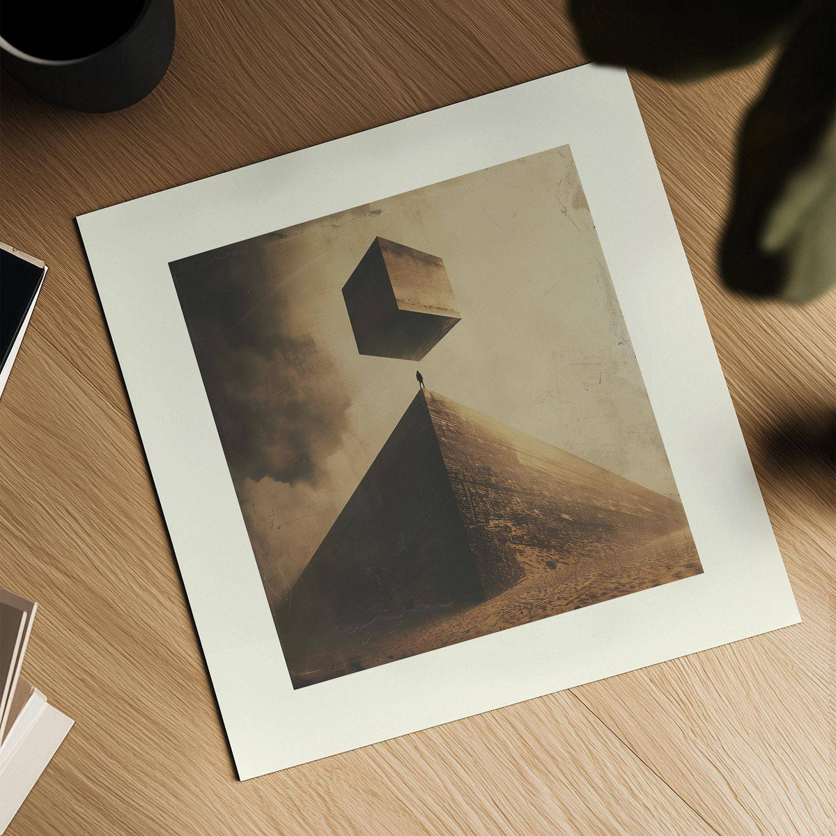 Surreal pyramid with a floating cube neutral colour wall art on a wooden surface near a dark cup