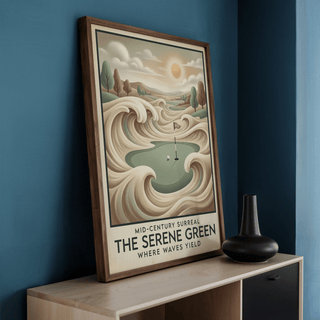 Mid-century Golf Wall Art with green putting area and beige wave patterns leaning on a shelf with a black vase nearby