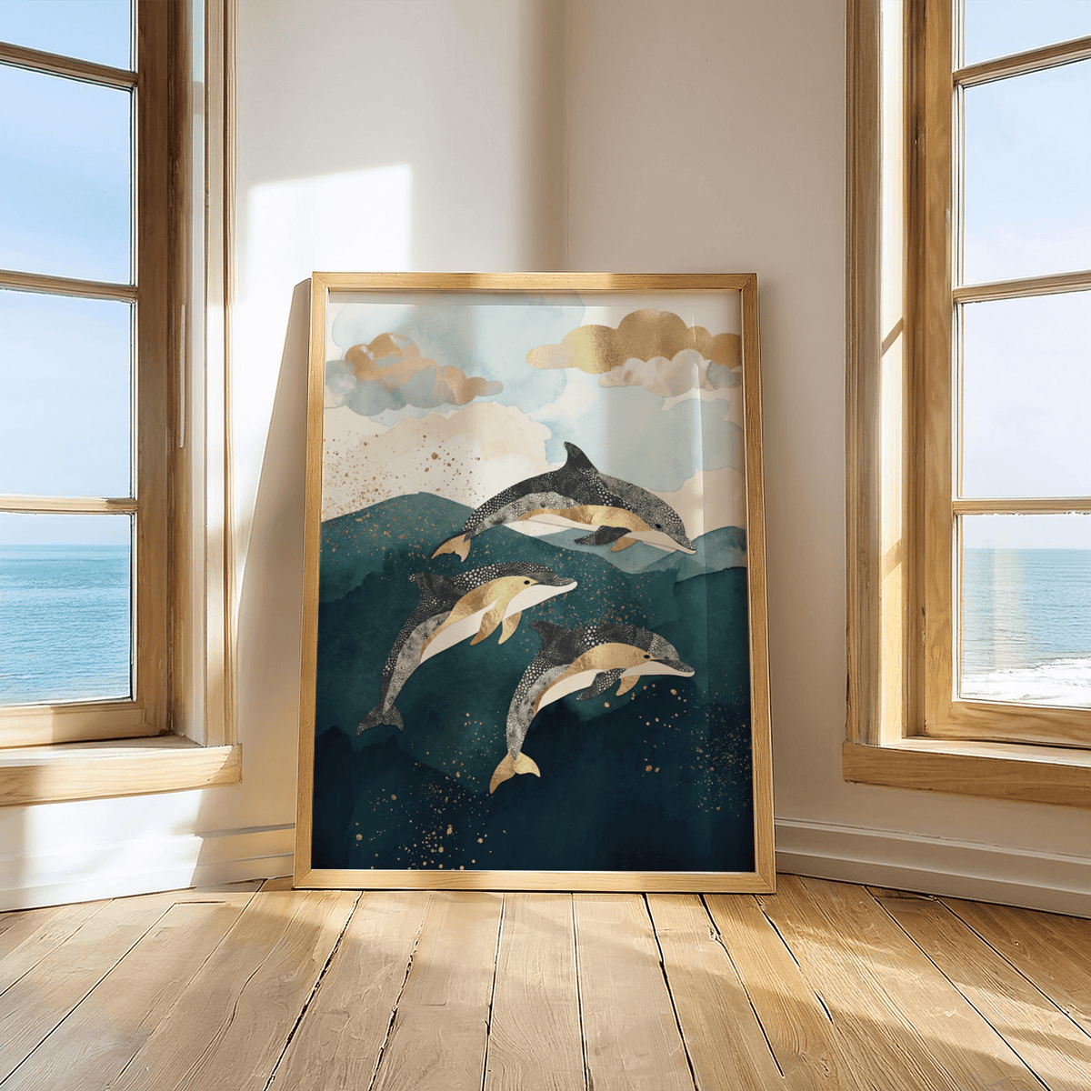Dolphins Poster leaning on floor between two windows showing watercolour dolphins with gold clouds