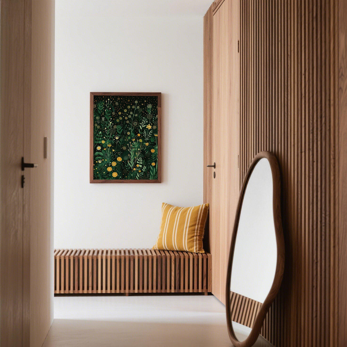 Green Decor framed print with yellow flowers and green foliage in a hallway with wooden bench and mirror