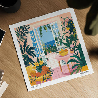 Coastal wall art showing open doors with sea view and plants on a wooden surface
