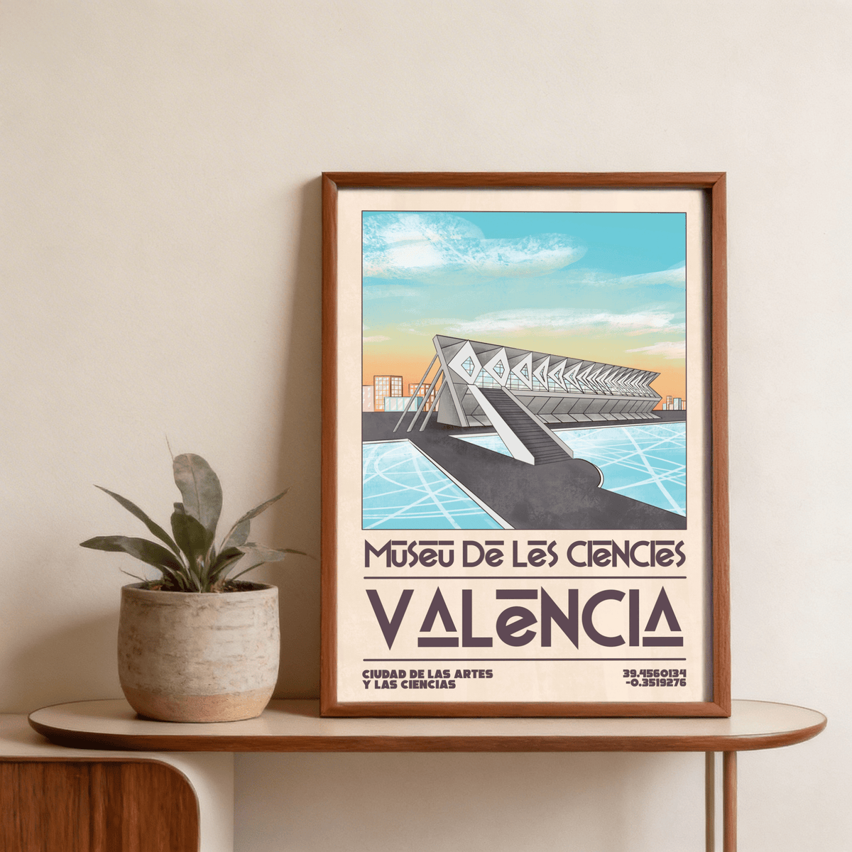 Framed Valencia Art Print of the museu de les ciències building in retro style on a table with a plant