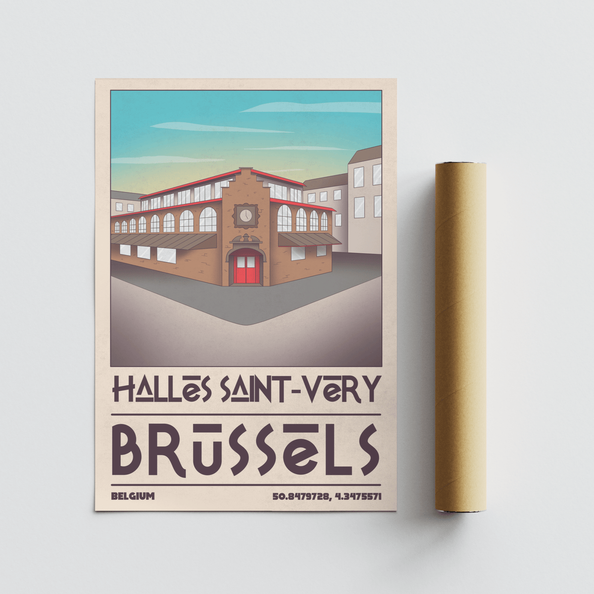 Brussels Architecture Art Print showing Halles Saint-Véry building with red door and blue sky next to a packaging tube