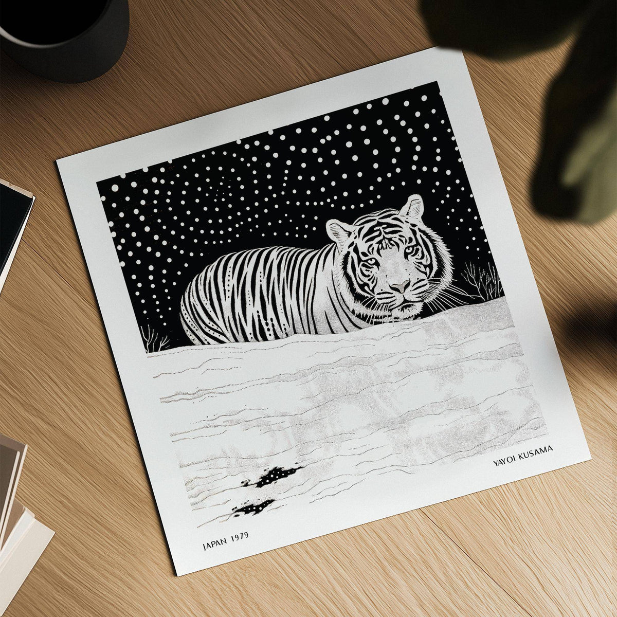 Art White Tiger flat artwork illustration of a minimalist white tiger on a wooden surface with a plant leaf