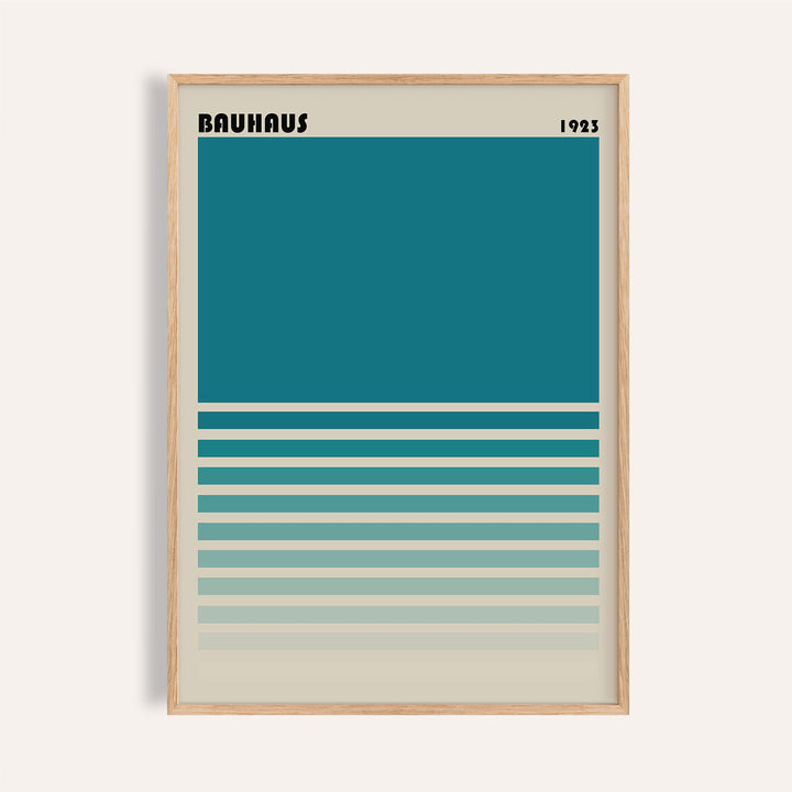 Framed teal blue gradient wall art with minimalist bauhaus text close-up