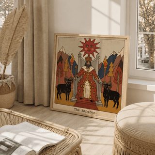 Print leaning with The Emperor Tarot Card Art showing an emperor in red and cream robes with black rams