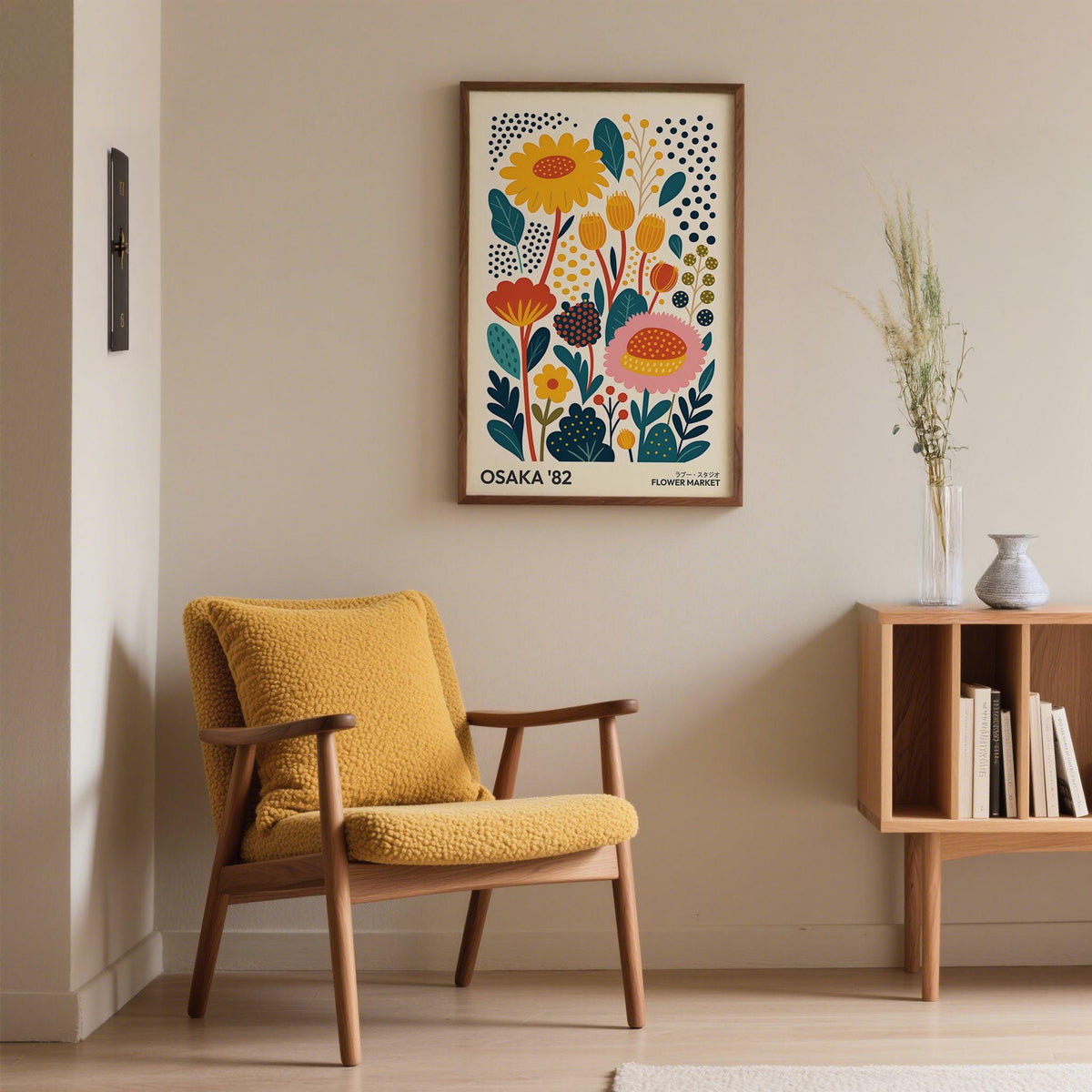 Spring Print framed print of colourful flowers hanging above a yellow armchair in a living room