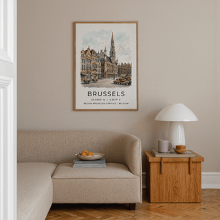 Brussels Architectural Art Print watercolour of Brussels grand place in a beige living room with a wooden side table