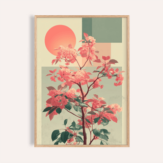 Framed print close-up of an abstract flower print with pink and green flowering branches