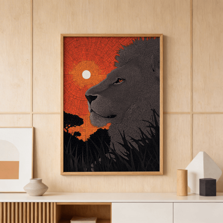 Framed African Landscape wall art of a lion face silhouette with an orange sun on a wooden wall above a shelf
