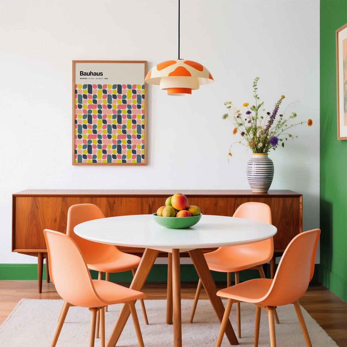 Colourful wall poster with Bauhaus geometric pattern in a dining room with orange chairs and a fruit bowl
