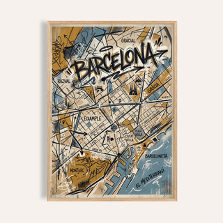 Framed Barcelona City Map Art in abstract style with yellow and blue tones against a plain wall