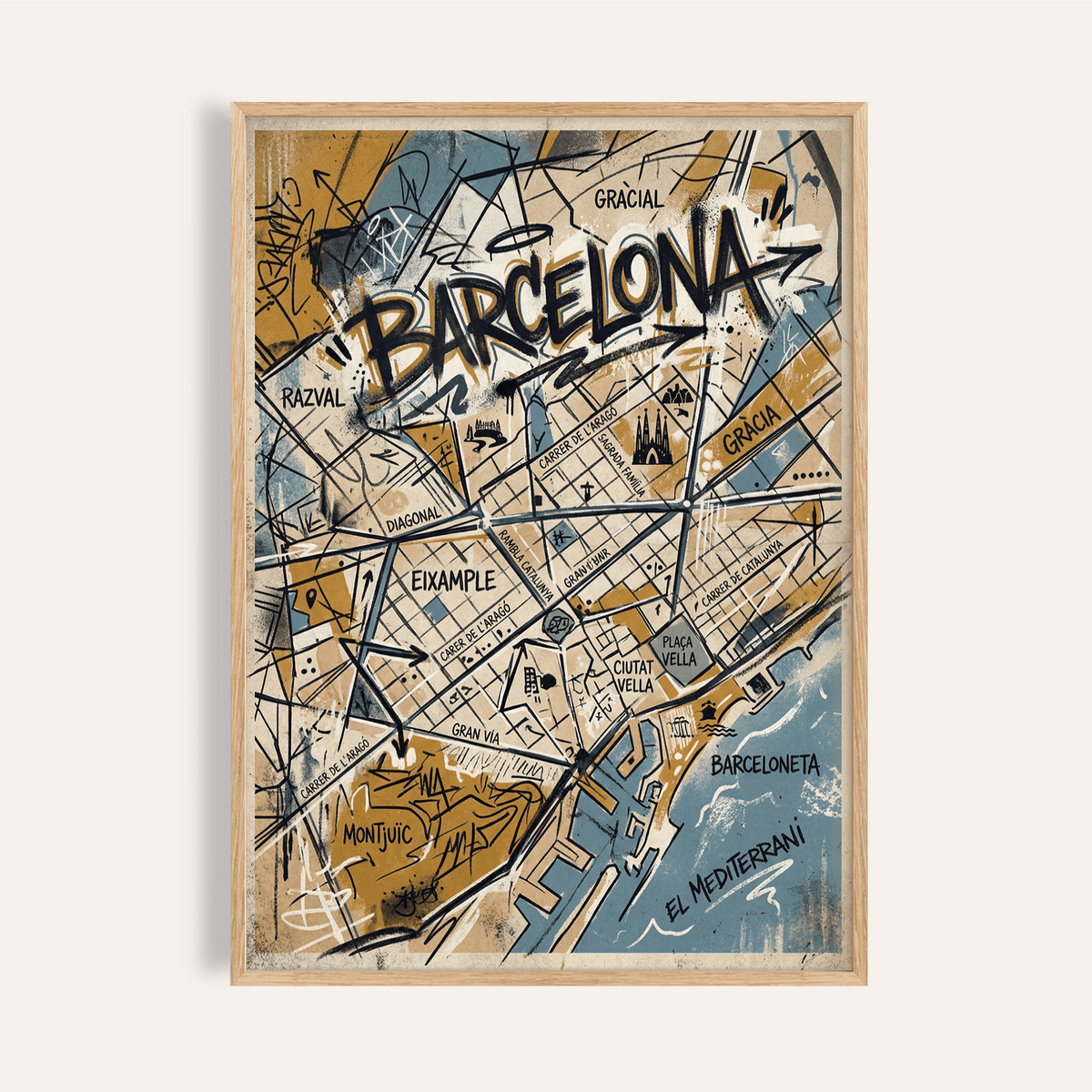 Framed Barcelona City Map Art in abstract style with yellow and blue tones against a plain wall