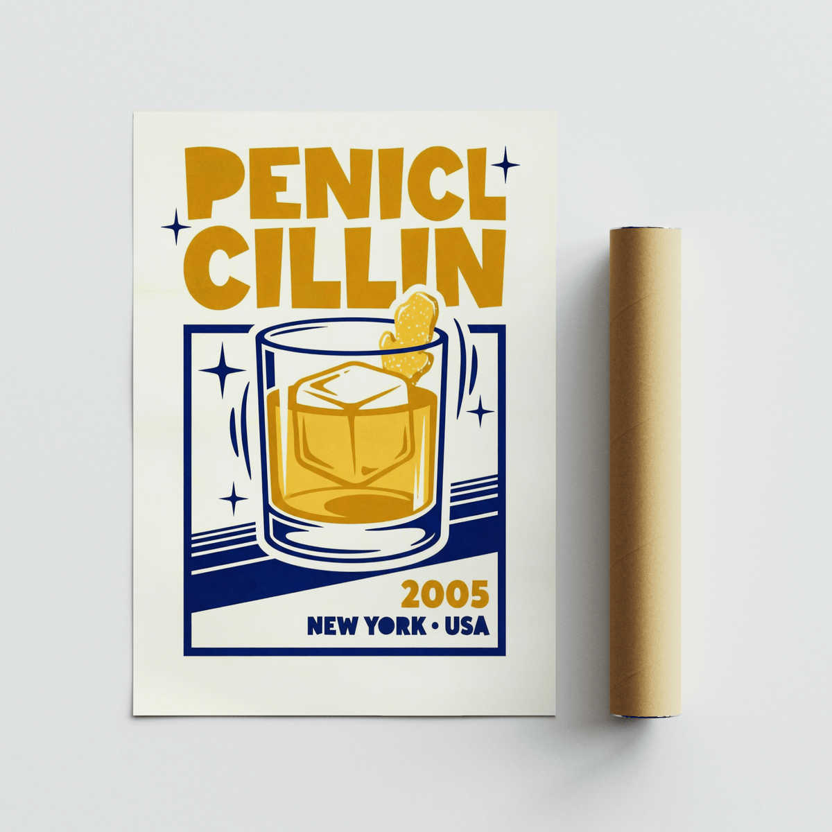 Bar Decor Wall Art penicillin cocktail illustration with blue and yellow on cream background with packaging tube