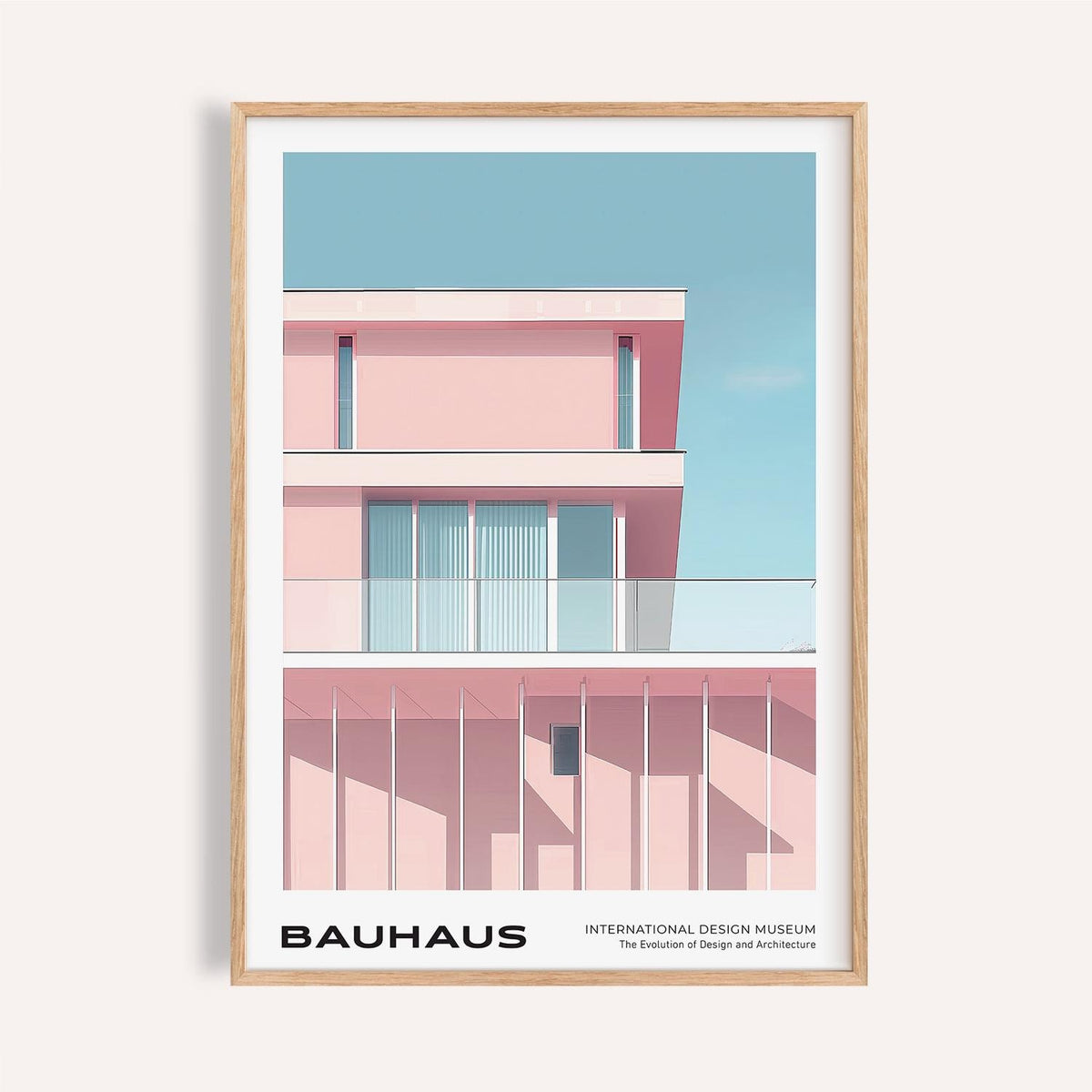 Mid Century Art Art framed print close-up of a minimalist pink building with blue sky