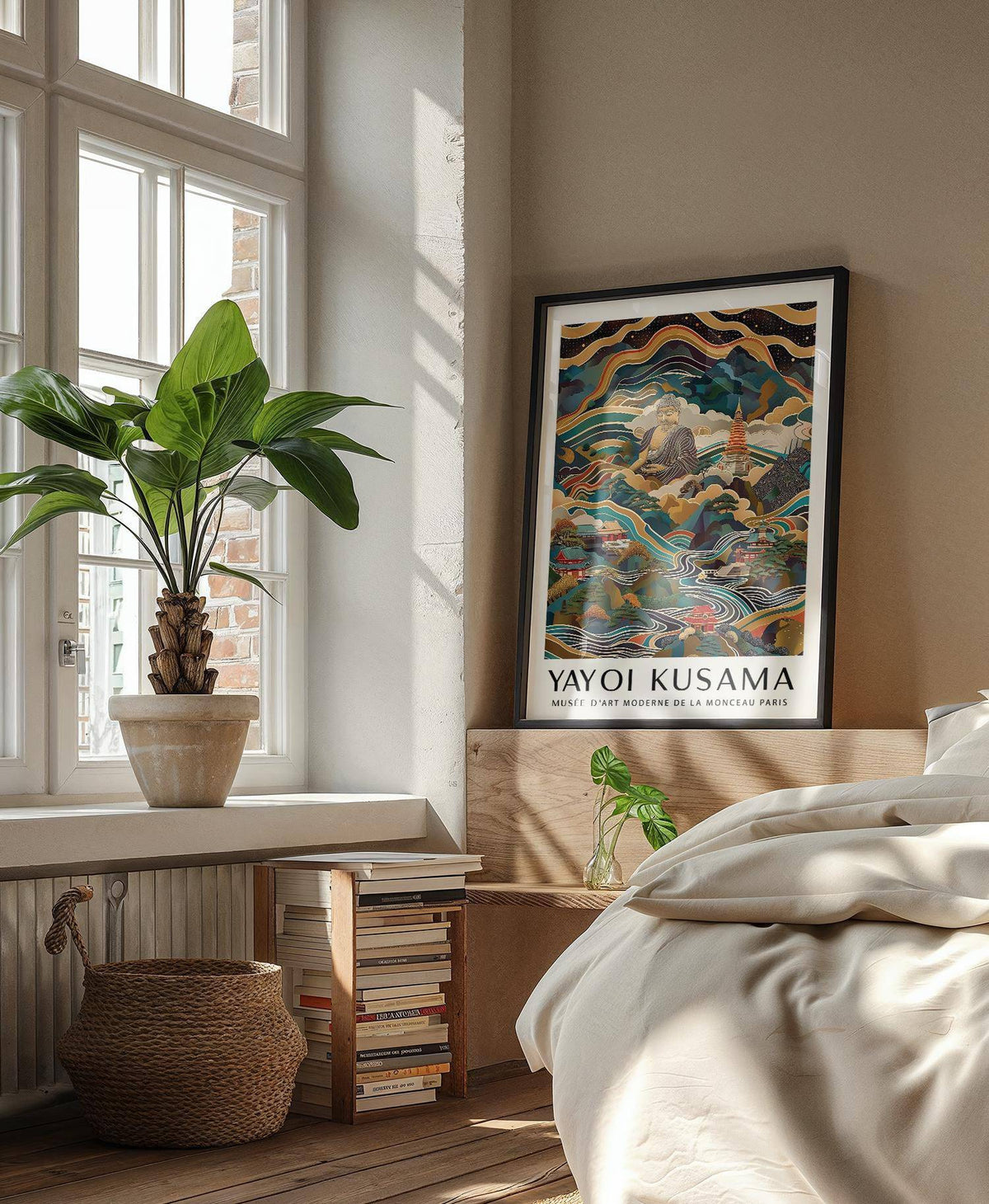 Large Buddha poster with spiritual and cultural elements