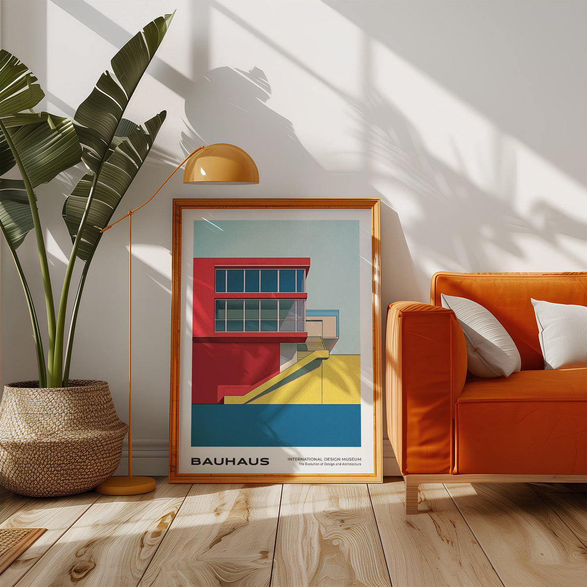 Mid Century Modern Art Prints leaning framed with bauhaus building colours near orange sofa and plant