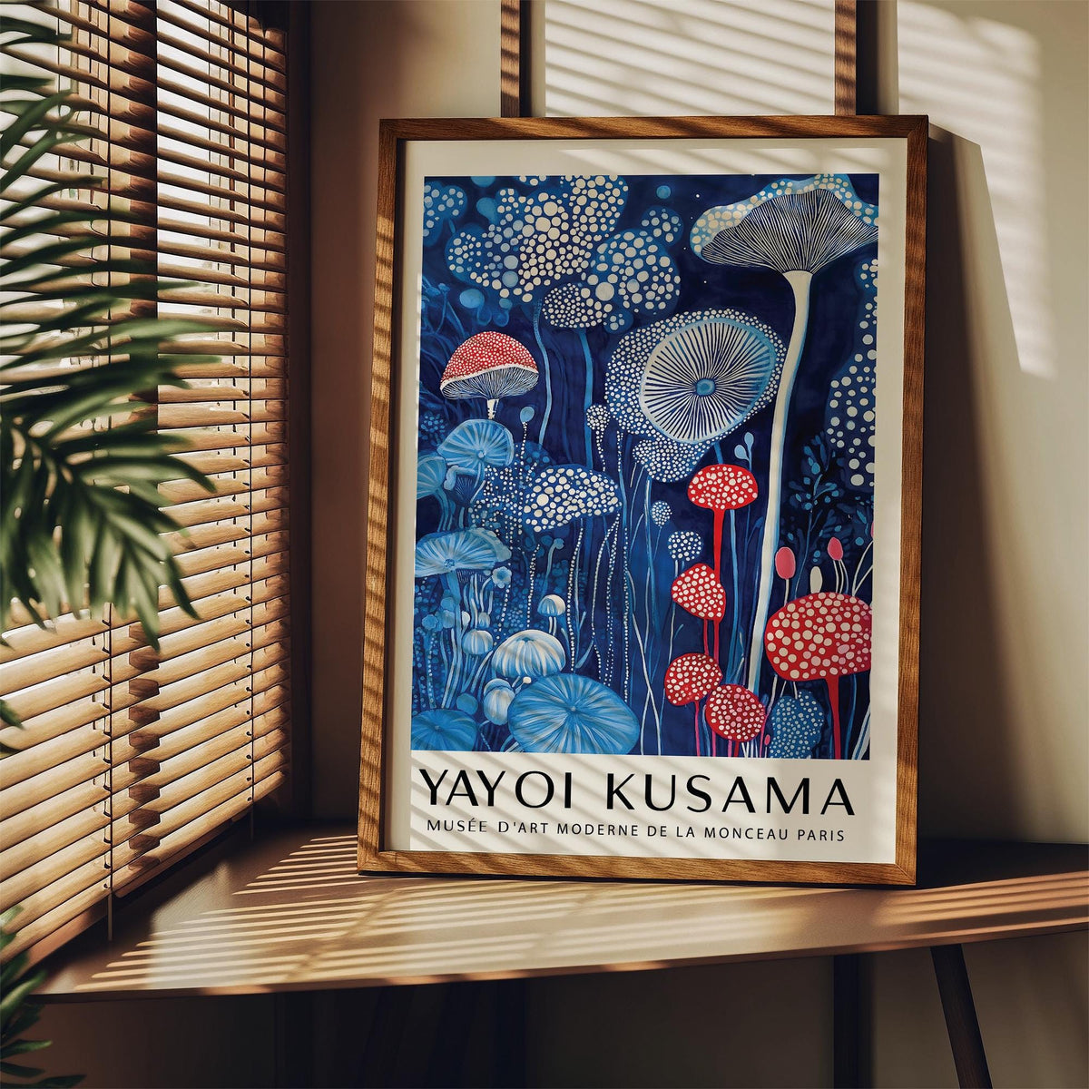 Mushroom print framed with wooden frame showing red and blue mushrooms with white dots on a shelf near window blinds and a plant