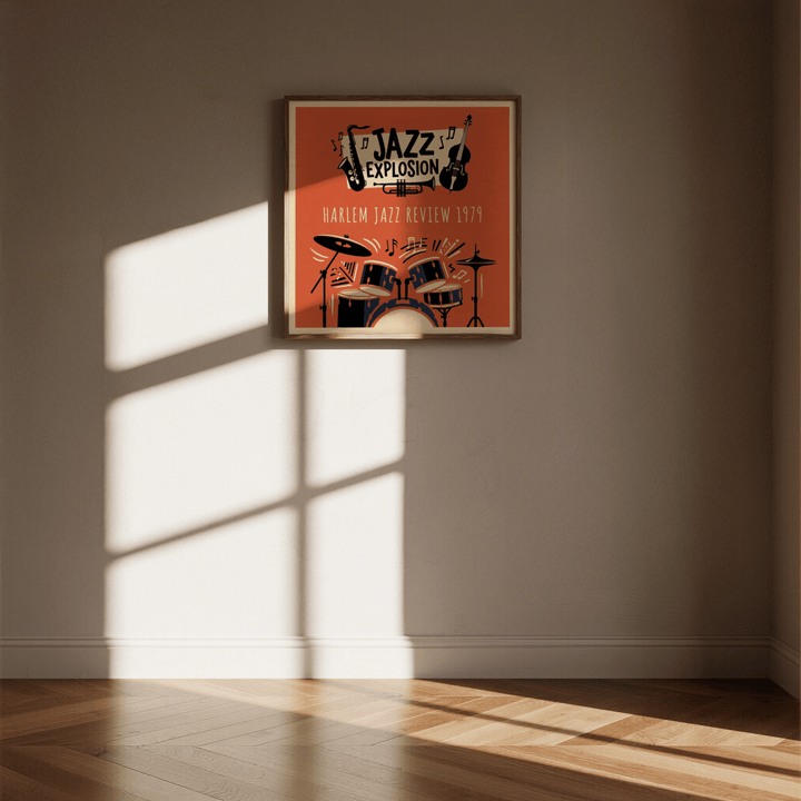 Harlem Jazz Art framed print of retro jazz instruments on a bright orange background with sunlight on the wall