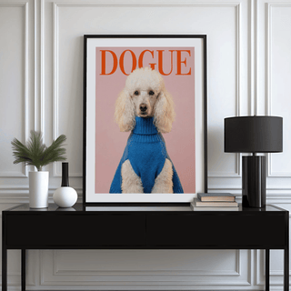 Dogue Poodle Print of a white poodle in a blue sweater above books on a black console