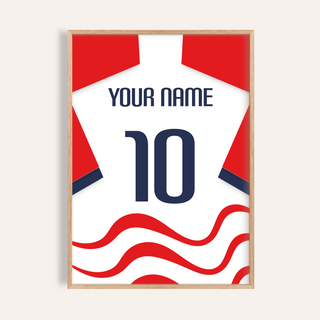 Framed Football Shirt Poster in White with Red Wave Pattern showing the back with number ten and Your Name text