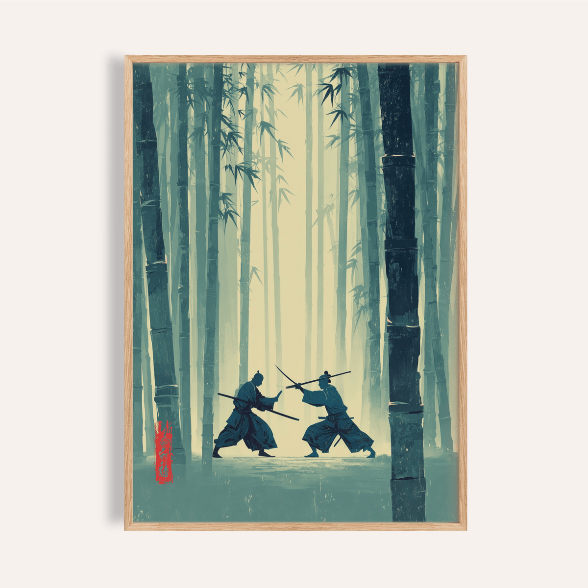 Framed print of a samurai duel in blue and green tones with bamboo trees