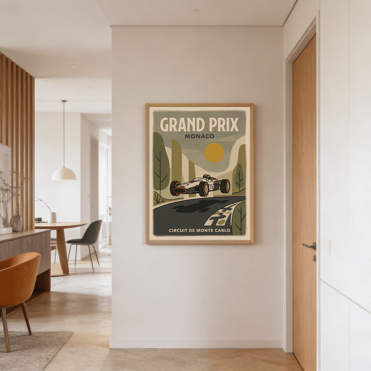 Motorsport Circuit Print framed on a wall showing a vintage race car with muted greens and beige in a modern hallway
