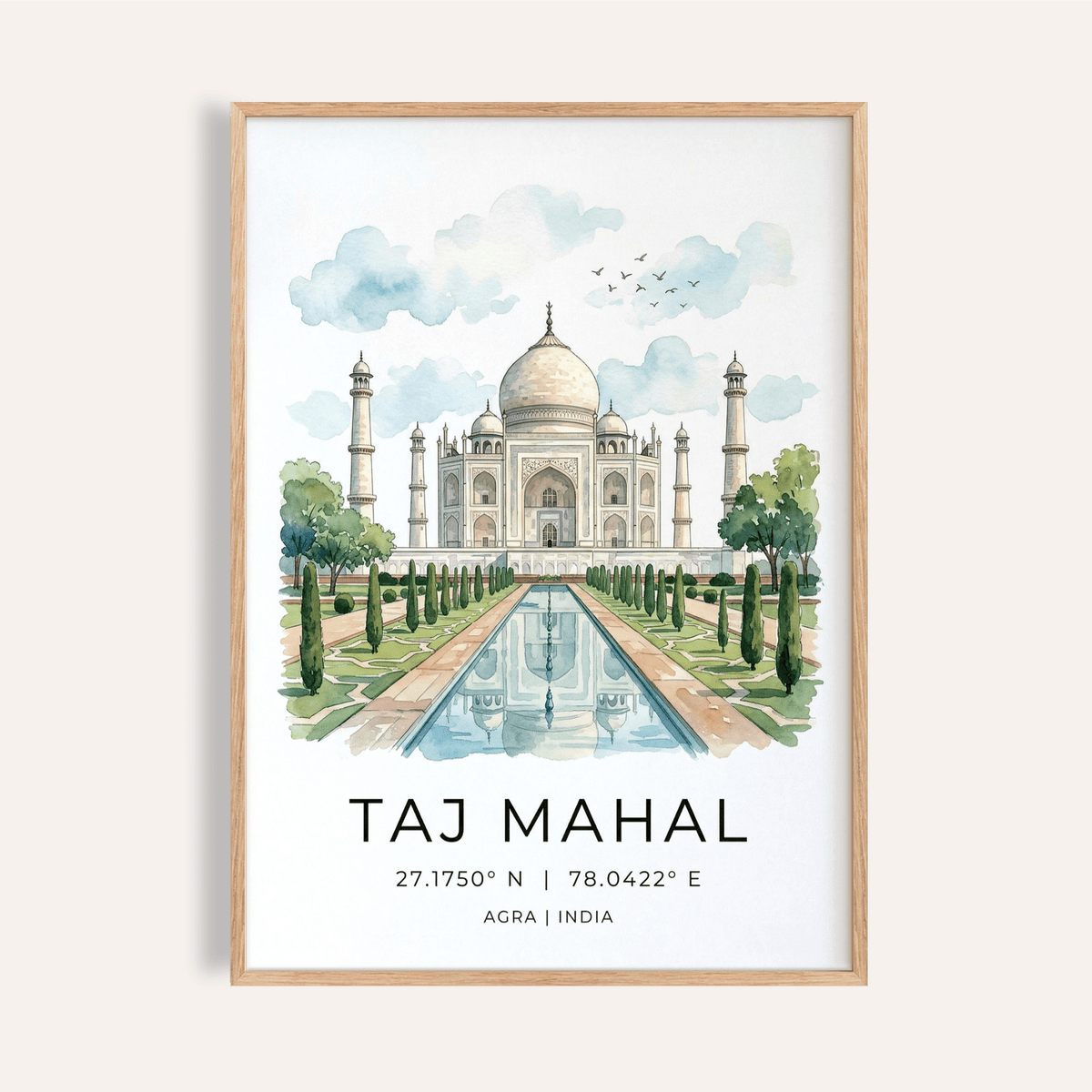 Framed Taj Mahal art print with watercolour illustration of the building and a reflecting pool