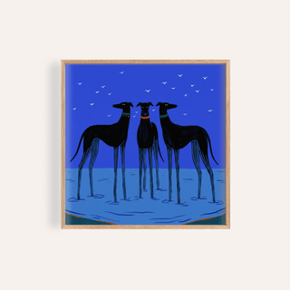 Framed modern dog wall art of three minimalist black greyhounds on a blue background