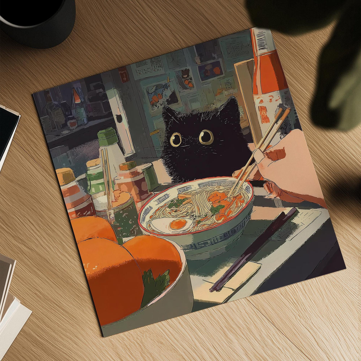 Ramen wall art with a black cat and bowl of ramen on a wooden surface with coffee cup nearby