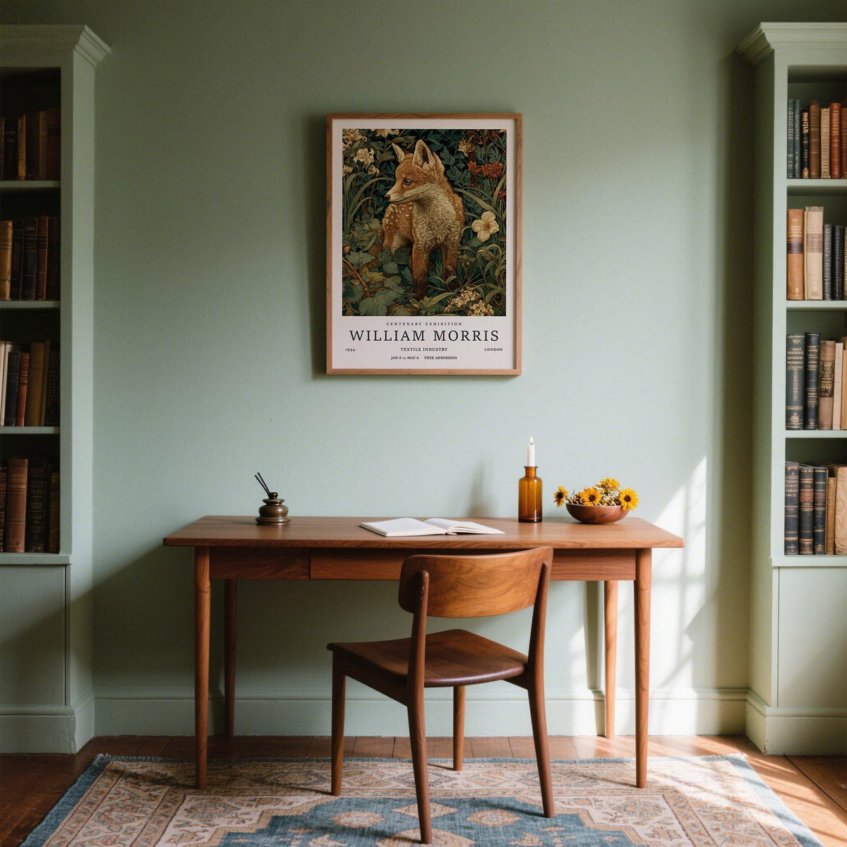 Cottagecore wall art of a fox in foliage with beige flowers above a wooden desk in a study