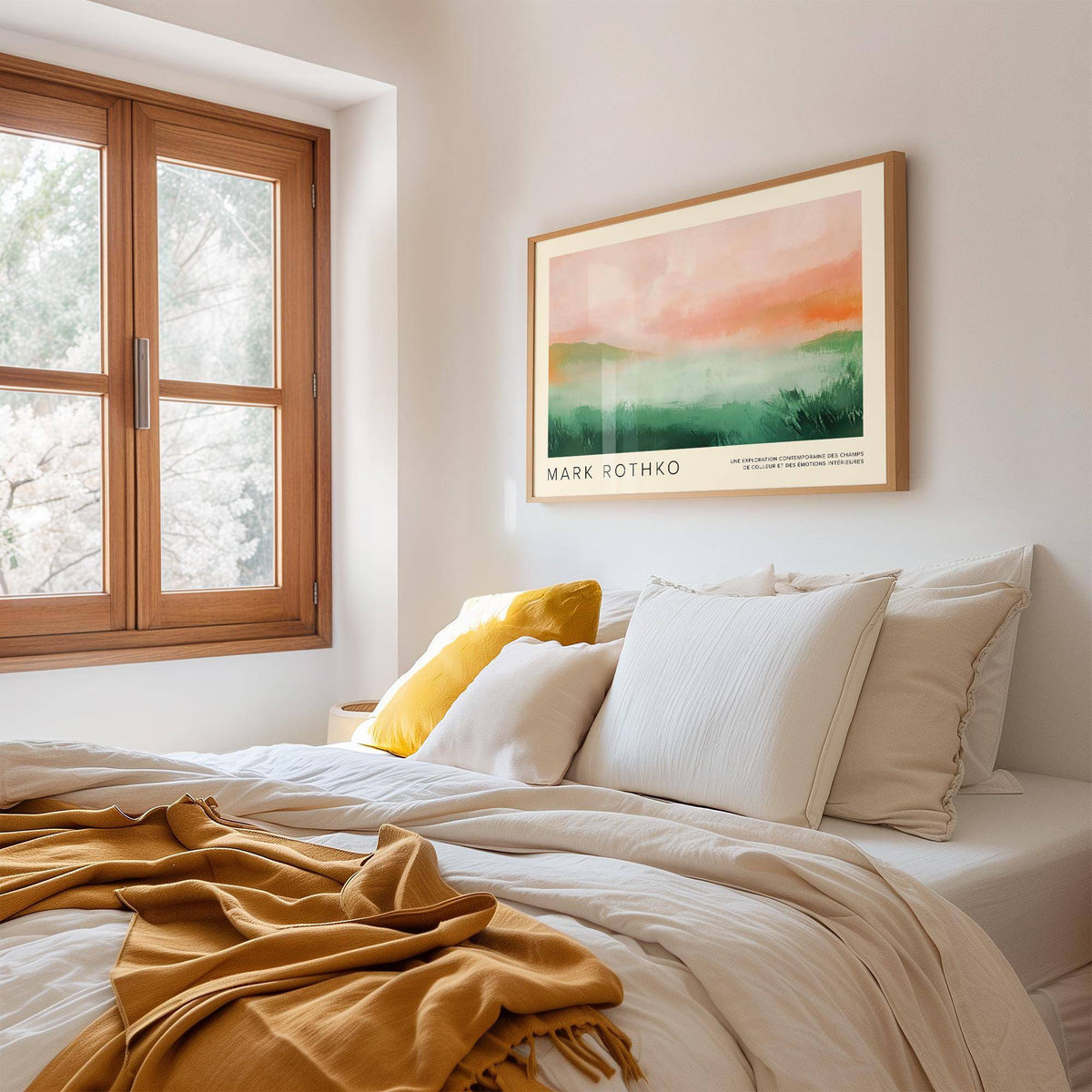 Pastel Colored Wall Art of an abstract landscape in pastel tones above a bed with white and yellow pillows