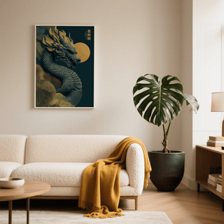 Chinese Dragon Art Print hung above a sofa with a mustard throw and a large green plant