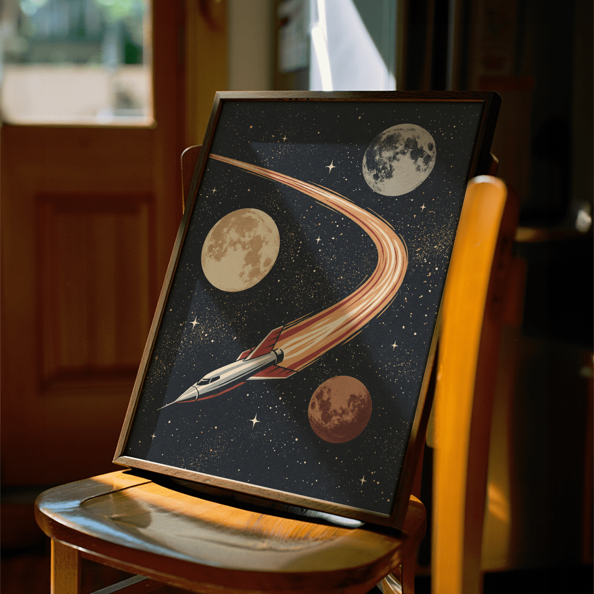 Space themed wall art retro illustration of a rocket ship with planets on a chair in warm light
