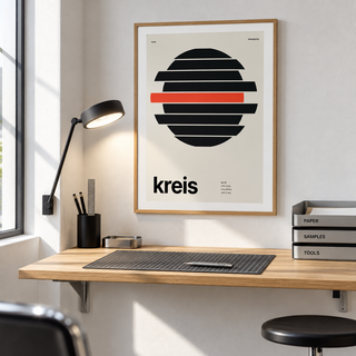 Sliced circle with one red band print in a home office against a charcoal wall