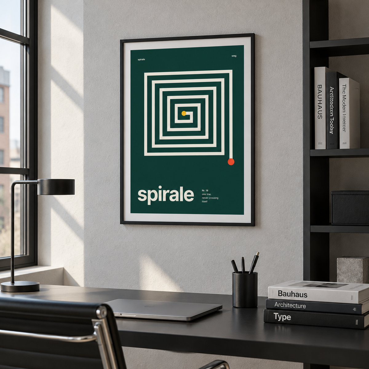 Geometric square spiral print in a bright home office