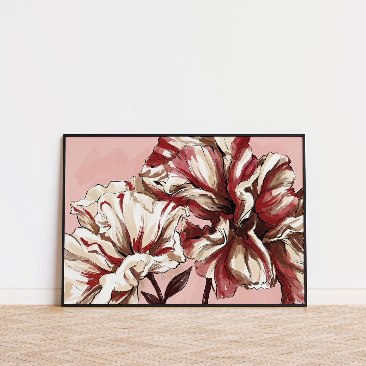Print leaning on a wooden floor of a pink background flower print with striped floral watercolour illustration
