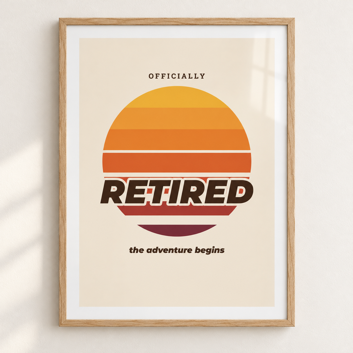 Close view of the striped orange sunset print showing the fine print detail