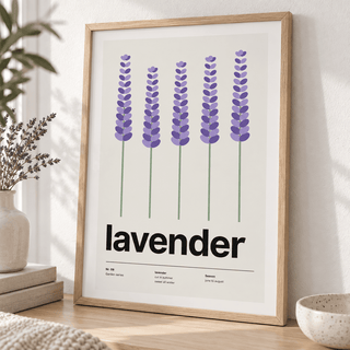 Close view of the five tall lavender stems showing the fine print detail