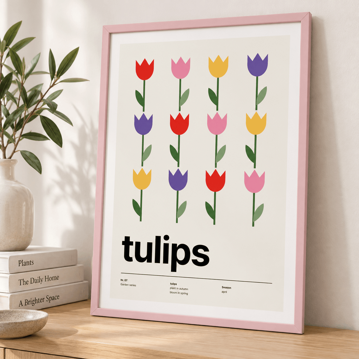 Close view of the rows of colourful tulips showing the fine print detail